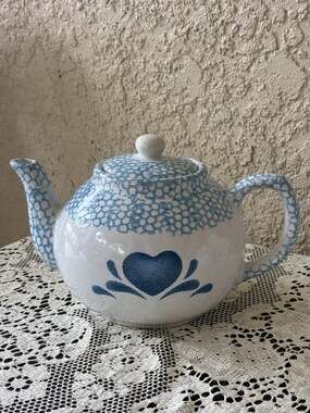 Vintage Blue and White Sponge Ware Heart Teapot